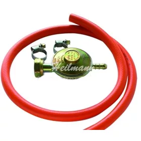  Gáztűzhelyhez PB nyomáscsökkentő komplett tömlővel + 2 db. bilincs # (CE 0085-22 ) nem állítható 29mbar 1kg./h 1fm. #